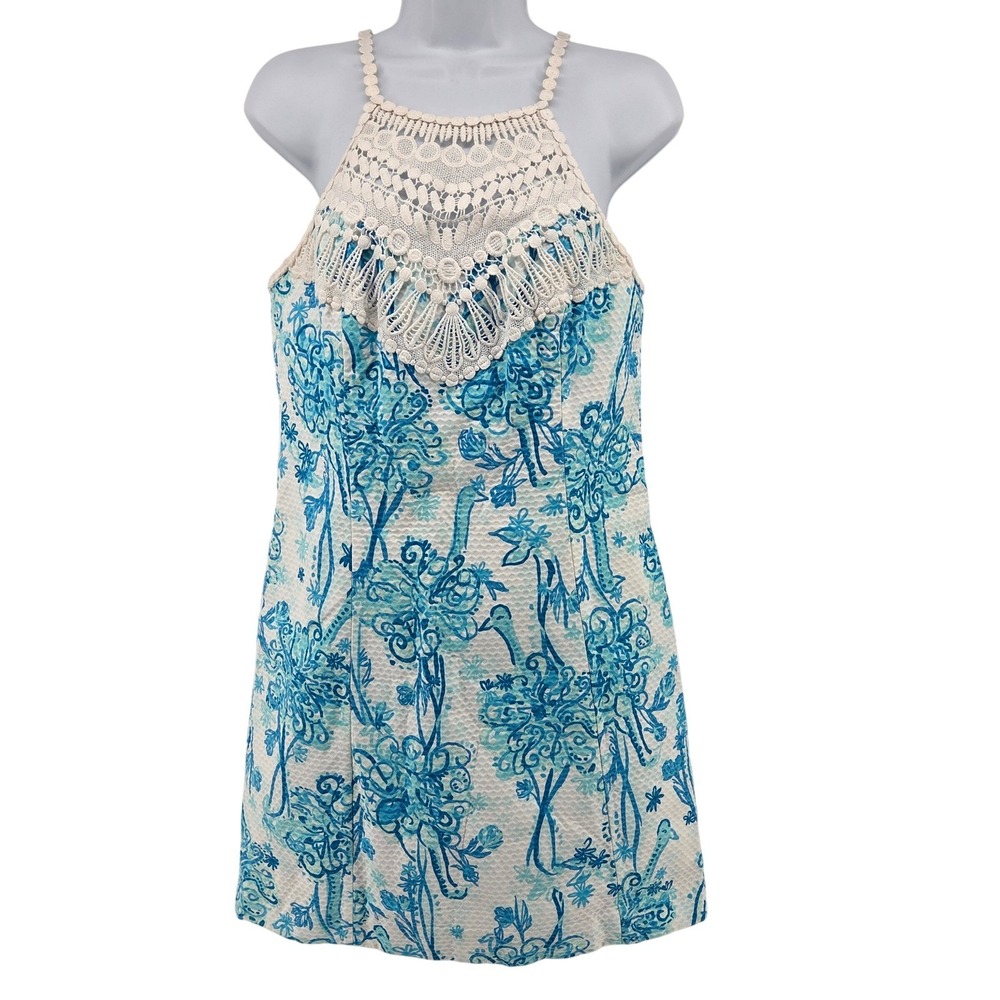 Lilly Pulitzer High Neck Shift Dress Crochet Detail Blue Peacock Sleeveless Sz 8